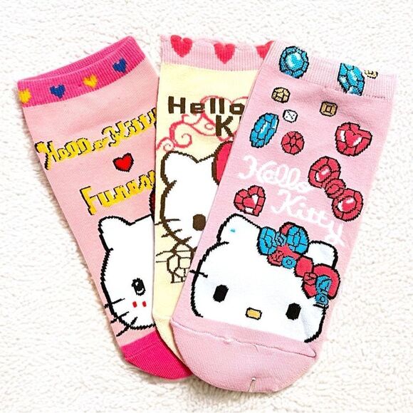 Sanrio Hello Kitty Yellow And Pink Socks Set Of 3 Pairs - Picture 1 of 5